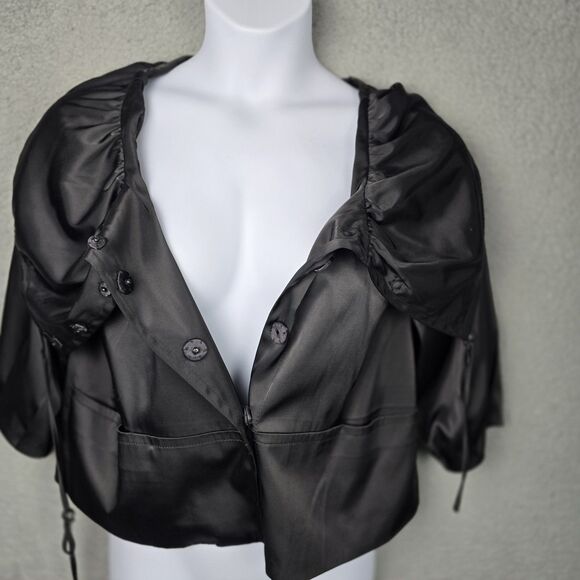 ECI New York Jacket Womens 12 Black Satin Big Collar Swing Crop Pockets Stretch - Picture 16 of 16
